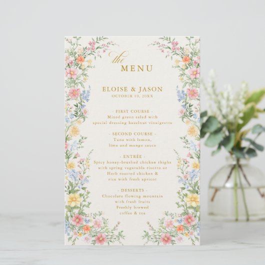 Soft Pastel Ornate Spring Garden Gold Wedding Menu (Stehend Vorderseite)