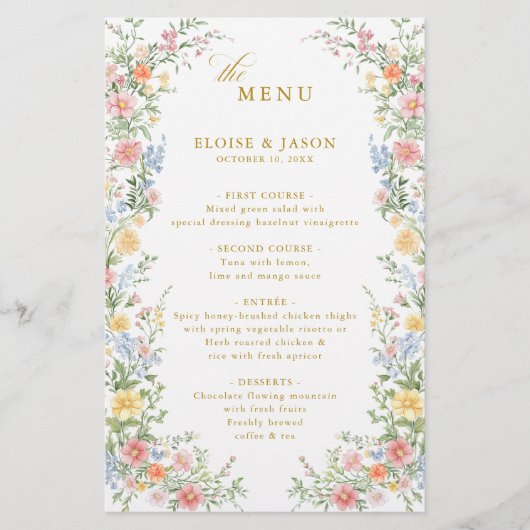 Soft Pastel Ornate Spring Garden Gold Wedding Menu (Vorderseite)