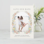 Soft Pastel Ornate Spring Garden Wedding Photo Save The Date (Stehend Vorderseite)