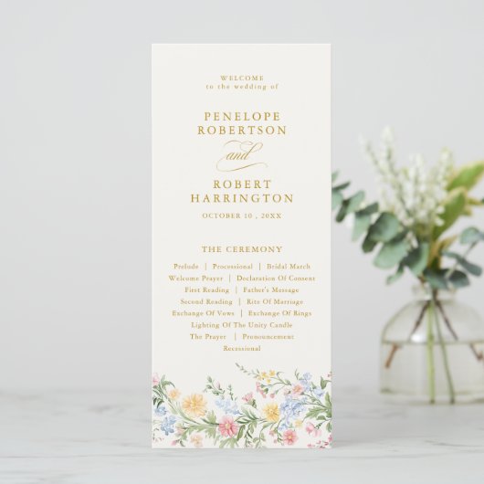 Soft Pastel Ornate Spring Gold Floral Wedding Programm (Stehend Vorderseite)