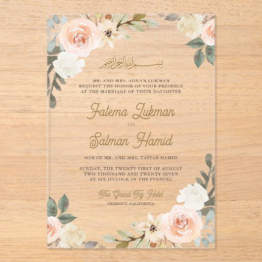Soft Pastel Peach Floral Islamic Muslim Wedding Acryleinladungen (Vorderseite)