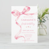 Soft Pastel Pink Bow 1st Birthday  Einladung (Stehend Vorderseite)