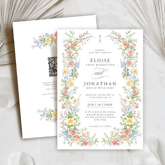 Soft Pastel Verziert Spring Floral QR Code Wedding Einladung