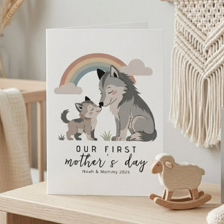 Soft Pastel Wolf Mom Pup First Mothers Day Rainbow Karte