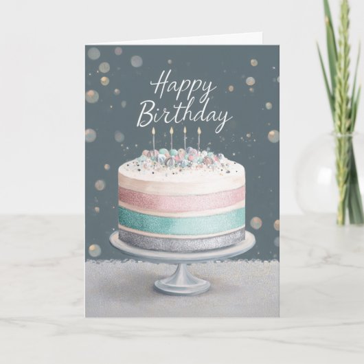 Soft Pastels Pink, Teal & Silver Birthday Cake Karte (Vorderseite)