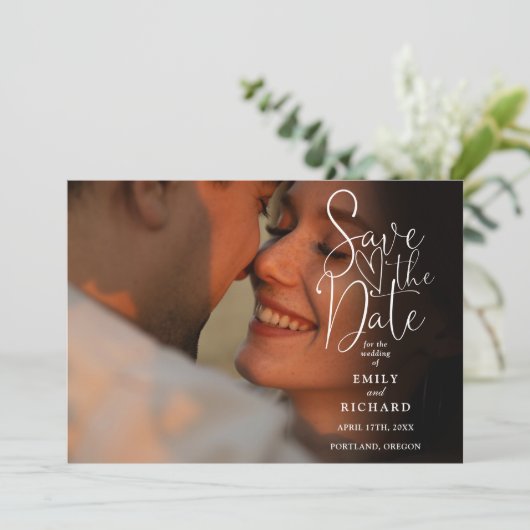 Soft Peach 2 Foto Elegante Script Hochzeit Save The Date (Stehend Vorderseite)