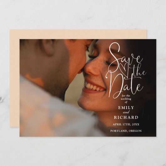 Soft Peach 2 Foto Elegante Script Hochzeit Save The Date (Vorne/Hinten)