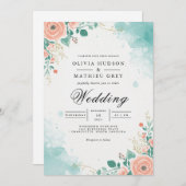Soft Peach Aquamarin Floral Blüh Wedding Einladung (Vorne/Hinten)