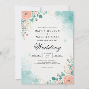 Soft Peach Aquamarin Floral Blüh Wedding Einladung