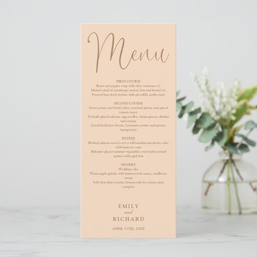 Soft Peach Calligraphy Script Wedding Menükarte (Stehend Vorderseite)