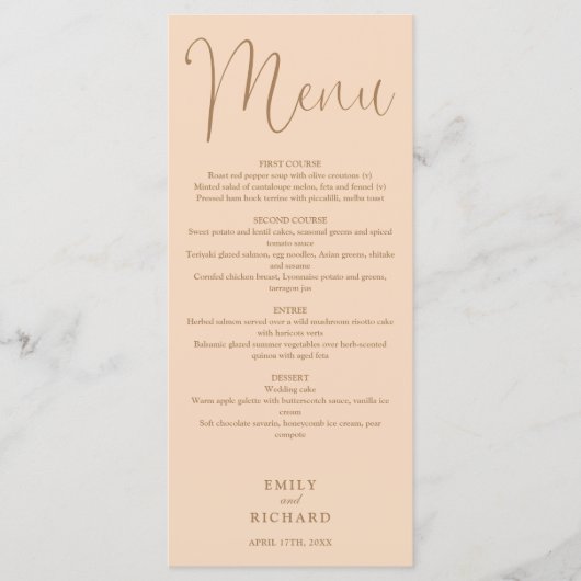 Soft Peach Calligraphy Script Wedding Menükarte (Vorderseite)