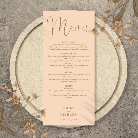 Soft Peach Calligraphy Script Wedding Menükarte
