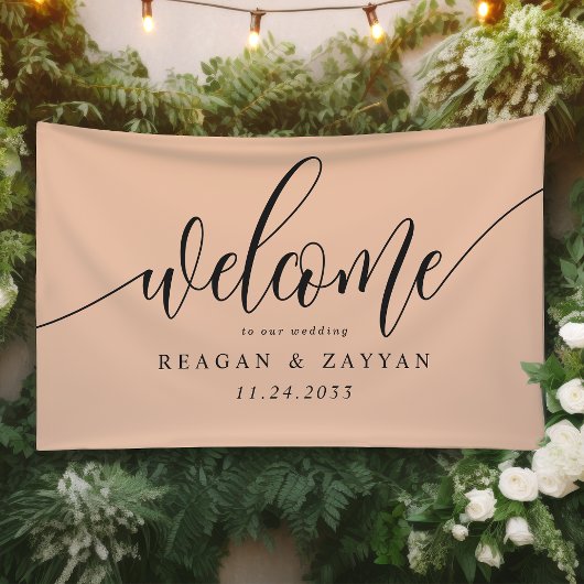 Soft Peach Calligraphy Simple Wedding Willkommen Banner