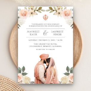 Soft Peach Floral Anand Karaj Indian Sikh Wedding Einladung
