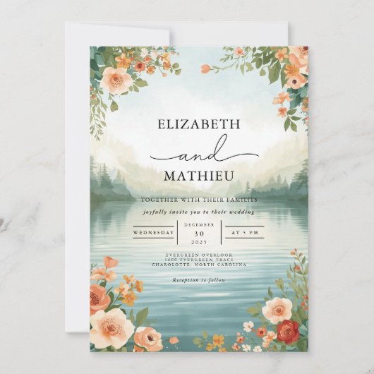 Soft Peach Floral Lakeside Hochzeit Einladung (Vorderseite)