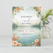Soft Peach Floral Lakeside Hochzeit Einladung (Stehend Vorderseite)