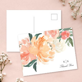 Soft Peach Floral Monogram Wedding Vielen Dank Postkarte