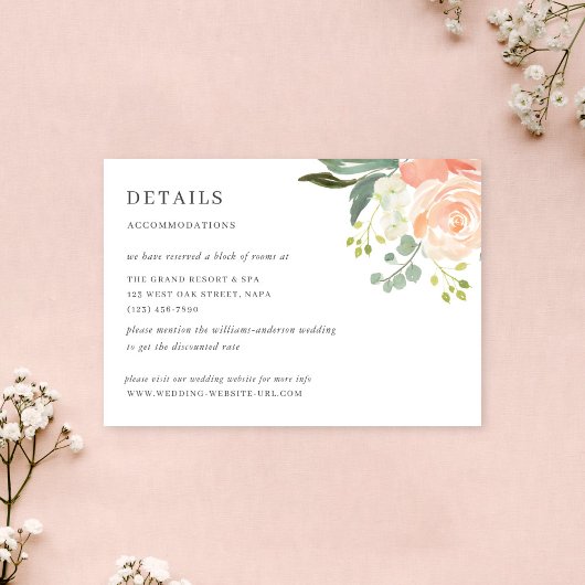 Soft Peach Floral Watercolor Wedding Details Info Begleitkarte