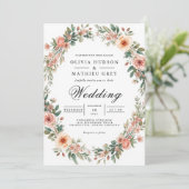 Soft Peach Floral Wreath Romance Hochzeit Einladung (Stehend Vorderseite)