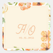 Soft Peach Garden Floral Monogram Wedding Quadratischer Aufkleber (Vorderseite)