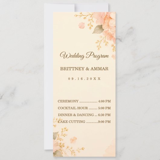 Soft Peach & Gold Hortensien Hochzeitsprogramm (Vorderseite)