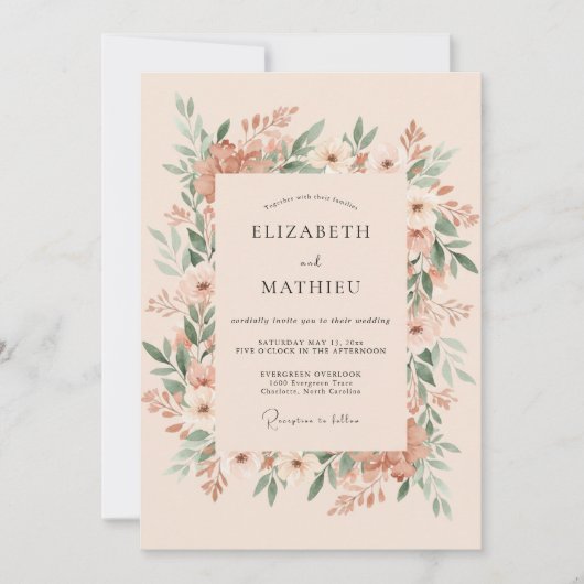 Soft Peach Kranz Hochzeit Einladung (Vorderseite)