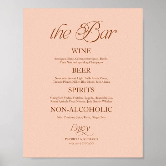 Soft Peach Minimalist "Die Bar" Hochzeitsmenü Schi Poster (Vorne)