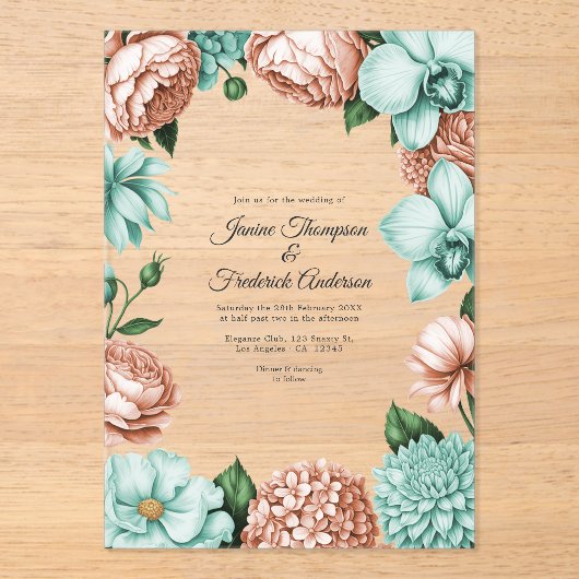 Soft Peach & Mint Modern Botanical Wedding Acryleinladungen (Vorderseite)