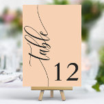 Soft Peach Moderne Kalligraphie Hochzeit Tischnummer<br><div class="desc">Mit diesen eleganten, weichen pfirsichfarbenen Tischnummern können Sie Ihre Gäste zu ihren Sitzplätzen führen. Diese Tischnummern mit minimalistischem Design und moderner Kalligraphie fügen Ihrem Hochzeitsempfang eine Touch von Eleganz hinzu. Der weiche Hintergrund und die gepflegte, elegante Typografie sorgen für eine einfache Lesbarkeit bei gleichzeitig verstärkter Hochzeitsdekoration. Diese Tischnummern sind perfekt...</div>