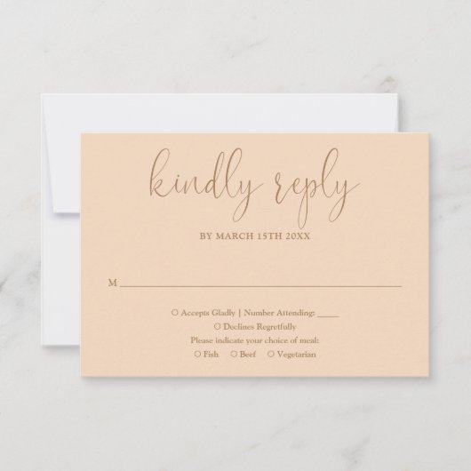 Soft Peach Moderner Chic Elegante Script Hochzeit RSVP Karte (Vorderseite)