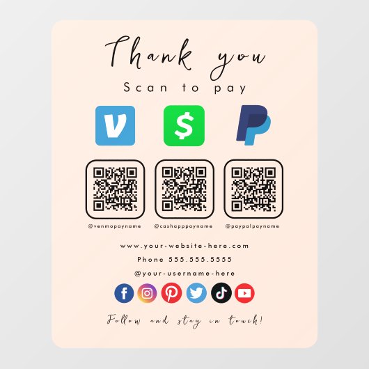 Soft Peach Multi QR Code Paypal Venmo Cash App Fensteraufkleber (Blatt)