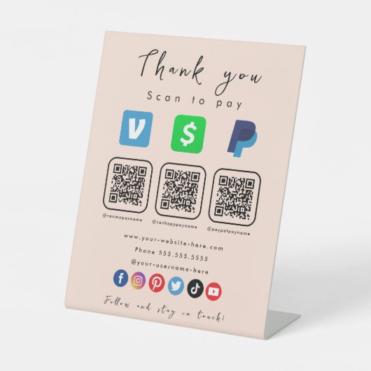 Soft Peach Multi QR Code Paypal Venmo Cash App Sockelschild (Vorderseite)
