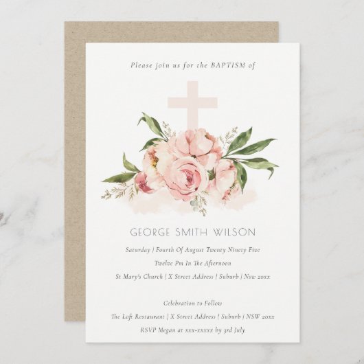 Soft Peach Peony Floral Cross Taufen Taufe einlade Dankeskarte (Vorne/Hinten)