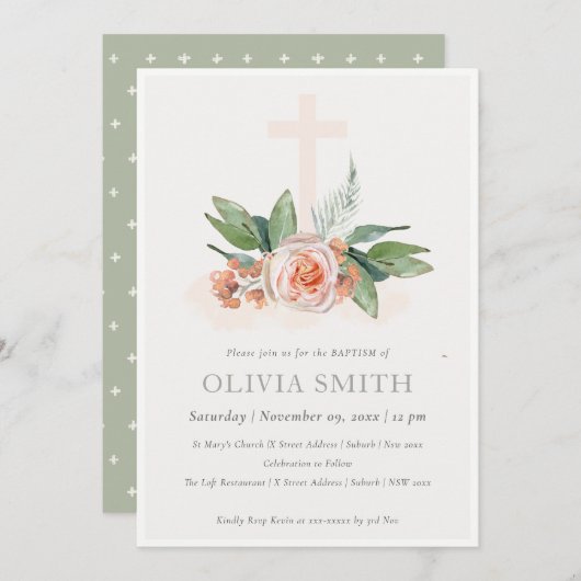 Soft Peach Rose Blumenkreuz Taufe einladen Dankeskarte (Vorne/Hinten)