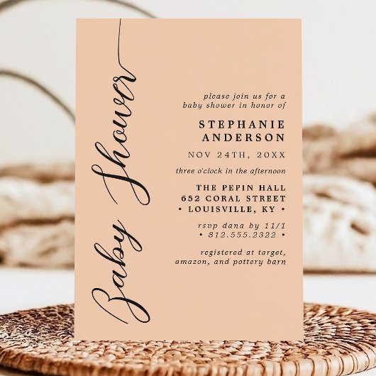 Soft Peach Simple Modern Script Baby Dusche Einladung