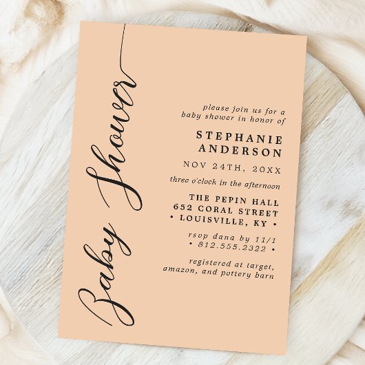 Soft Peach Simple Modern Script Baby Dusche Einladung