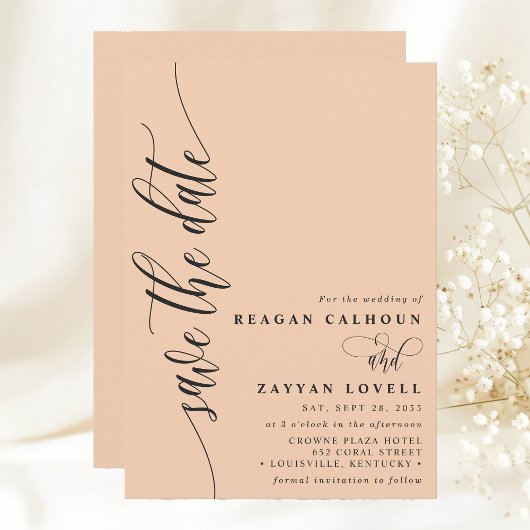 Soft Peach Simple Modern Script Save the Date