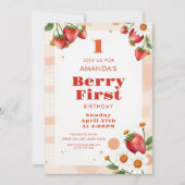 Soft Peach Tones Strawberries Daisy 1. Geburtstag Einladung (Vorderseite)