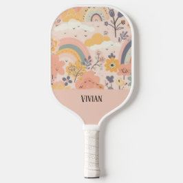 Soft Peach Whimsy Boho Rainbow Floral Personalisie Pickleball Schläger
