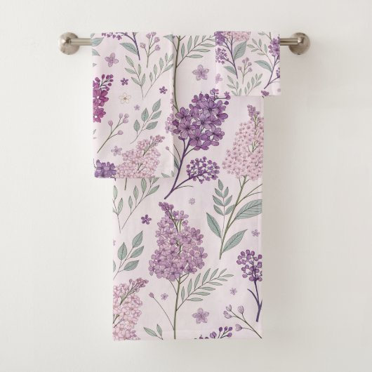 Soft Pink and Purple Lilac Floral Pattern Badhandtuch Set (Insitu)