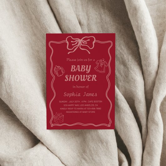 Soft Pink Baby Dusche mit Baby Icons & Bow Frame Einladung