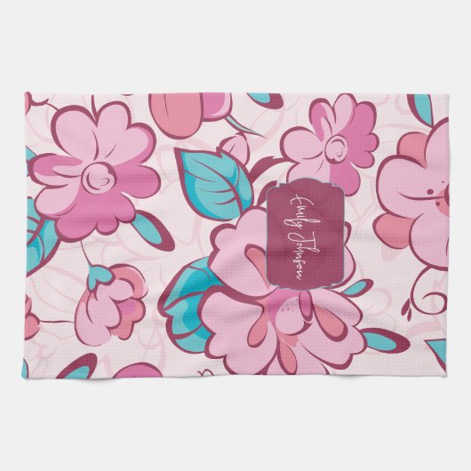 Soft Pink Bloom Floral Pattern Custom Name Geschirrtuch (Horizontal)