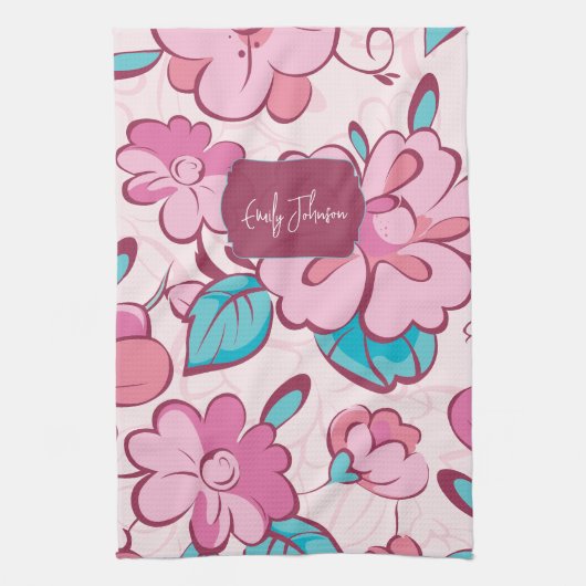 Soft Pink Bloom Floral Pattern Custom Name Geschirrtuch (Vertikal)