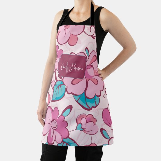 Soft Pink Bloom Floral Pattern Custom Name Schürze (InSitu)