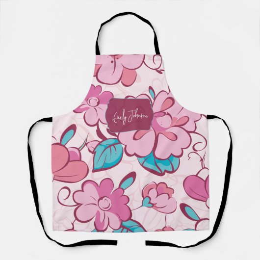 Soft Pink Bloom Floral Pattern Custom Name Schürze (Vorderseite)