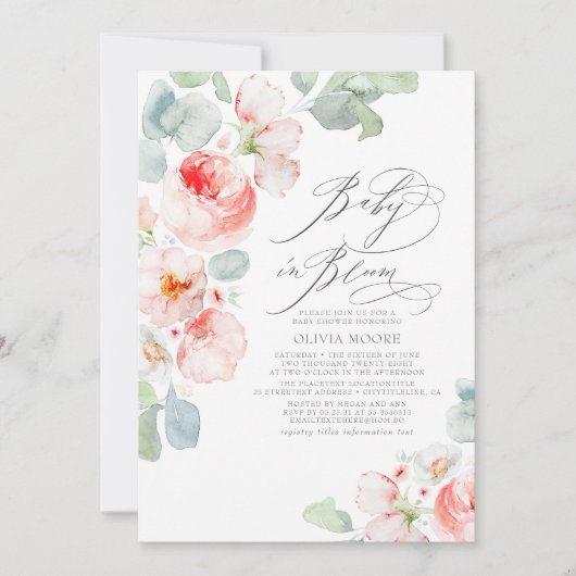 Soft Pink Blume Elegante Boho Girl Babydusche Einladung (Vorderseite)