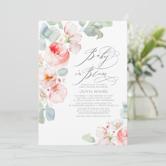 Soft Pink Blume Elegante Boho Girl Babydusche Einladung (Stehend Vorderseite)
