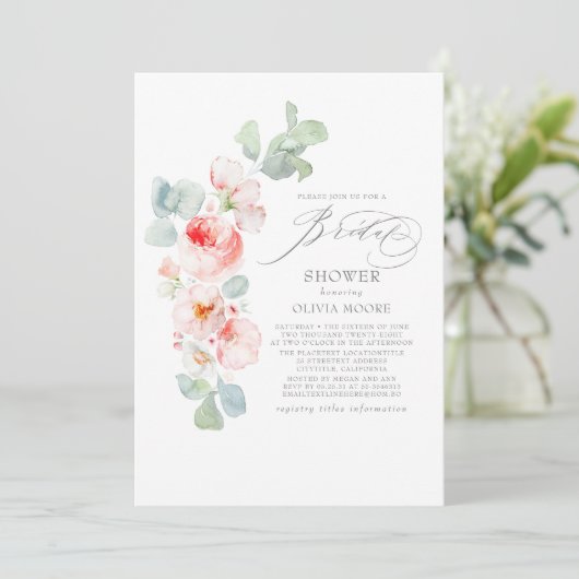 Soft Pink Blume Elegantes Boho Brautparty Einladung (Stehend Vorderseite)