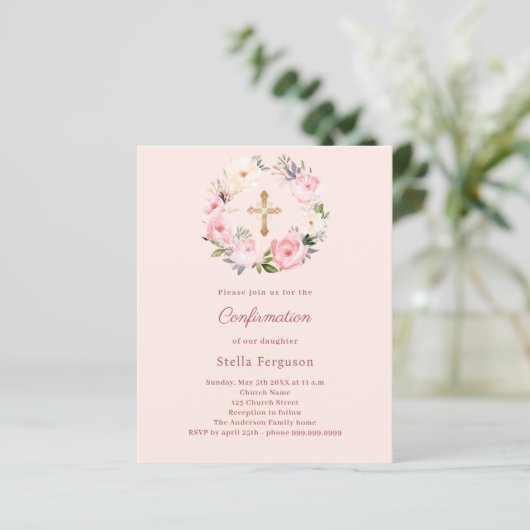 Soft pink blush florals Confirmation invitation (Stehend Vorderseite)