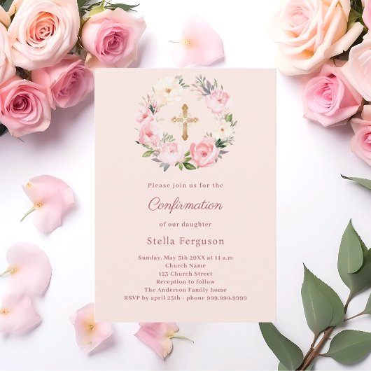 Soft pink blush florals cross Confirmation Einladung